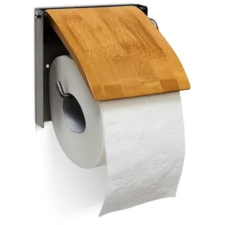 Relaxdays Toilettenpapierhalter Bambus Hellbraun,Silber