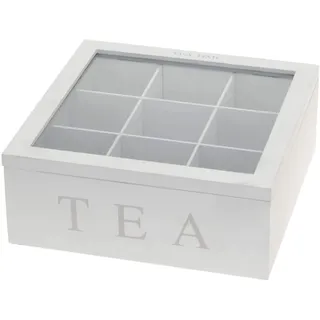 Mojawo Teebox Holz Weiß Deckel 9-Fächer mit Aufschrift TEA