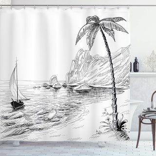 ABAKUHAUS Schwarz und weiß Duschvorhang, exotischer Urlaub, Stoffliches Gewebe Badezimmerdekorationsset mit Haken, 175 x 200 cm, Weiß Schwarz