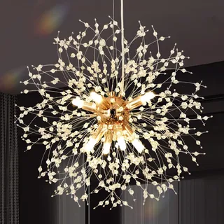 KUNYEEE Moderne Feuerwerks-Kronleuchter Dandelion Pendelleuchte, Gold 8 Leuchten G9 Leuchten, Kristall-Kronleuchter-Leuchte für Wohnzimmer, Schlafzimmer, Esszimmer, Foyer, Flur, Φ45 cm
