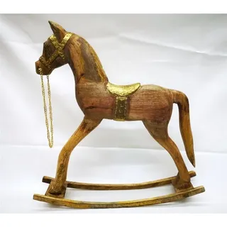 Schaukelpferd aus Mangoholz 50 cm mit goldfarbenen Sattel Deko natur Holzpferd