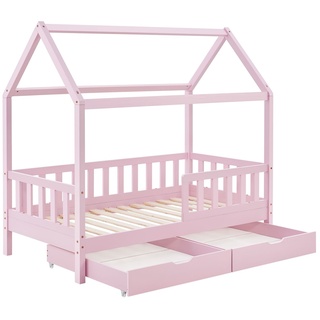Juskys Kinderbett Marli 80 x 160 cm mit Bettkasten, Gitter, Lattenrost & Dach - Holz Hausbett Rosa