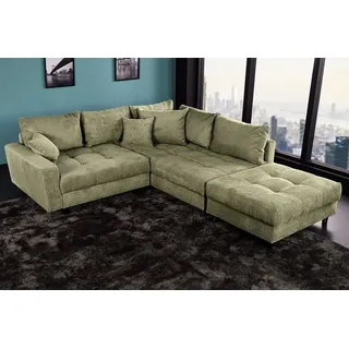 riess-ambiente Ecksofa KENT 220cm grün - Cord, L-Form, Federkern, m. Kissen, FSC-zertifiziert, Einzelartikel 1 Teile, Moderne Wohnlandschaft inkl. Hocker - ideal für Wohnzimmer u. Familien grün
