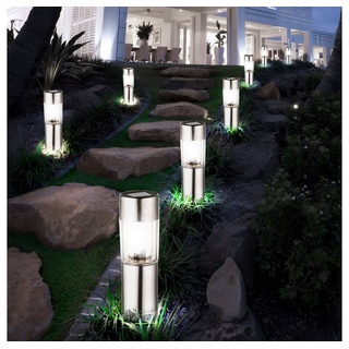etc-shop LED Gartenleuchte, LED-Leuchtmittel fest verbaut, Warmweiß, 8x LED Edelstahl Solar Steck Leuchten Erdspieß Außen Beleuchtung silberfarben