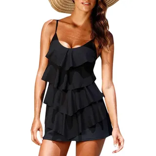 Tankini Damen Bauchweg - Bikini Damen Push Up Gepolstert Badeanzug Damen Badekleider Bikini Cover Up Strandkleid Rüschen Schwarz Spaghetti Träger Bademode Schwimmanzug Tankinis Badeanzüge für Frauen