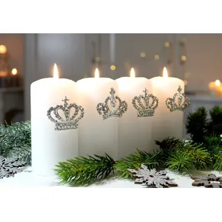 LB H&F Lilienburg Stumpenkerze 4er SET Kerzenpin Kerzenpic Verzierung Kerze Kerzen (Taufe Kommunion Kerzendeko Kerzenstecker Adventskerzen Kerzenstecker Krone Deko Tischdeko barock Ornament Verzierung Adventsdeko Hochzeit royal Strass glitzer edel Hochzeitsdeko Geschenk Geschenkidee) silberfarben