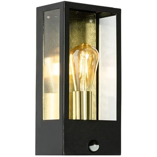 Qazqa - Modern Außen Wandleuchte schwarz mit Gold I Messing und Bewegungsmelder - Rotterdam I Außenbeleuchtung - Stahl Rechteckig - LED geeignet E27