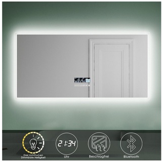SONNI Badspiegel Badspiegel mit Beleuchtung,Uhr Bluetooth Touch Badezimmerspiegel, 120 x 60