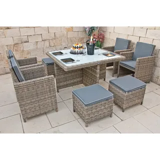 Ragnarök PolyRattan - DEUTSCHE Marke - EIGENE Produktion - 8 Jahre Garantie - Gartenmöbel Essgruppe Tisch 4 Stuhl Hocker 12 Polster Grau Rostfrei Aluminium Natur Dining Würfel Glas