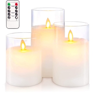 HIYAA LED Flammenlose Kerzen, Klar Glas Batteriebetriebene Kerzen Flackern mit Fernbedienung, 3D Docht Realistisches Warmes Licht LED Kerzen Flackern mit Timer für Hochzeit Party Weihnachtsdekoration