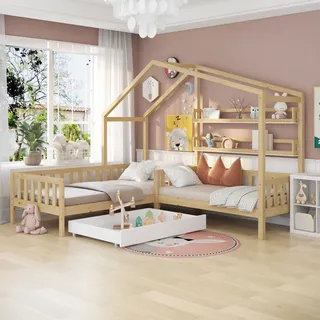 Hausbett 90x200 Spielbett, für 2 Kinder Doppelbett, Vielseitiges Kiefernholz Kinderbett für Jungen & Mädchen - Massivholz Kinder Bett mit Schublade und Lattenrost (L-Struktur)