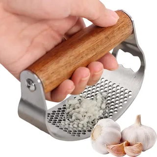 Knoblauchpresse aus Edelstahl mit Holzgriff, Knoblauchwippe, Metall-Knoblauch-Wippe, Knoblauchpresse, bequemer Griff, Knoblauchpresse, Knoblauchpresse, Küchenhelfer