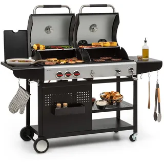 Klarstein Hot & Hot Kombigrill - 2in1-System: Gas-/Kohlegrill, 3 Edelstahlbrenner, Leistung: 8,5 kW, InstantReady Concept, für Gasflaschen bis 11 kg, Piezo-Zündung, pechschwarz