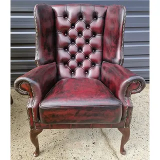 Casa Padrino Luxus Chesterfield Ohrensessel Weinrot / Schwarz / Dunkelbraun 80 x 80 x H. 110 cm - Echtleder Chesterfield Wohnzimmer Sessel - Wohnzimmer Möbel - Chesterfield Möbel - Luxus Möbel