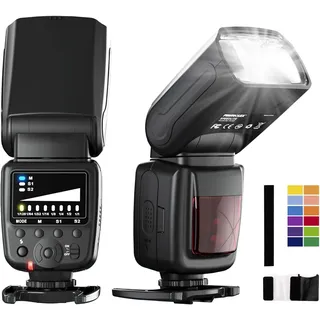 PHOTOOLEX Kamera Blitz Speedlite Kompatibel mit Canon Nikon Panasonic Olympus Pentax und andere DSLR Kameras Digitalkameras mit Standard Blitzschuh, Kamerablitz mit 12 Farbfiltern