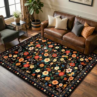 INOVADAY Waschbarer Teppich 150x210 cm Schwarz Wohnzimmer Teppich | Schlafzimmer, Küche, Eingangshalle, Badezimmer, Esszimmer, Kurzflor, Rutschfest, Blumen Print, Boho, Weich, Pflegeleicht