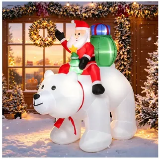 VINGLI Weihnachtsfigur Wetterfest, Weihnachtsdeko Aufblasbar für Innen & Außen, 180 cm Aufblasbarer Weihnachtsmann auf Eisbär – 7 LEDs 180 cm