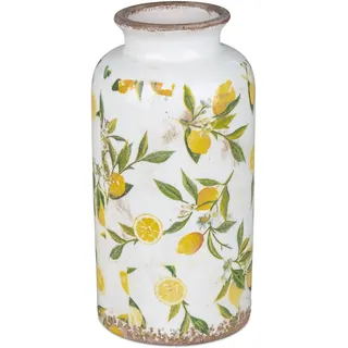 Dekorative Keramikvase mit Zitronen-Motiv, Vintage-Stil, Weiß und Gelb, 26 cm, Handbemalte Blumenvase mit Grünen Blättern, Rustikaler Terrakotta-Rand