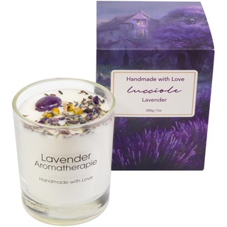 Lucciole-Lavender, Premium Duftkerze, handgefertigt mit Kristallen und getrockneten Blüten verziert, 40h Brenndauer, 200g natürlicher Sojawax, Aromatherapie, Geschenkkerze für Mann und Frau
