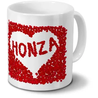 Tasse mit Namen Honza - Motiv Rosenherz - Namenstasse, Kaffeebecher, Mug, Becher, Kaffeetasse - Farbe Weiß