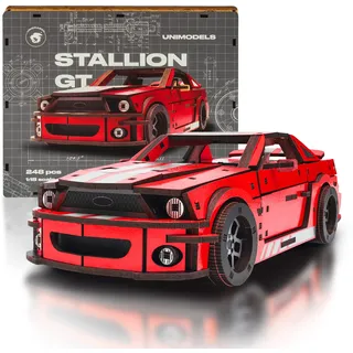 UNIDRAGON Original 3D Holzpuzzle - 248 Teile, UniModels Stallion GT Rot, 25.5 x 21 x 2.3 cm, Geschenke für Männer, Jungen, Modellbausatz Erwachsene