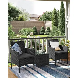 SONGMICS (3-tlg) Balkonmöbel, Gartenlounge-Set, aus PE-Polyrattan, Tisch und 2 Stühle, schwarz-grau - Grau