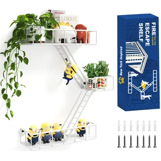 MVPSONAG Fire Escape Regal – 3 Etagen Metall Weiß Fire Escape Wandregale mit Körben, New York Actionfiguren-Ausstellungsregal, einzigartige, rustikale schwebende dekorative Wandregale für jeden Raum