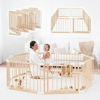 Laufgitter Baby faltbar aus Holz 172 x 172 cm – Baby Laufstall mit Tür, 8 Paneelen und Saugnäpfen, stabiler Spielbereich für Babys