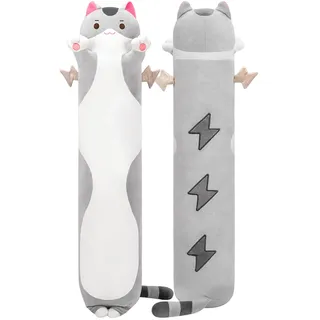 Mewaii 130CM Kuscheltier Kawaii Katzen Plüsch Kissen Grau Stofftiere Lang Kätzchen Plüschtier Ausgestopftes Tier Spielzeug Kuschelkissen Geschenk Plüschkissen