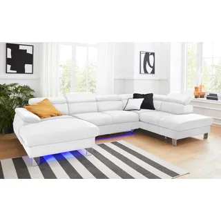 Wohnlandschaft COTTA "Komaris U-Form, B: 320 cm", weiß, Sofas, Kinder, B/H/T: 320cm, Leder PAMPAS, Ottomane rechts, ohne Bettfunktion,ohne Bettkasten,mit RGB-LED-Beleuchtung,mit Kopfteilverstellung, Microfaser PRIMABELLE (100% Polyester);Kunstleder SOFTLUX;Feinstruktur (100% Polyester);Kunstleder SOFTLUX/Struktur (100% Polyester);NaturLEDER, Wohnlandschaft, mit Kopfteilverstellung, optional Schlaffunktion, Bettkasten & Licht, B:320cm