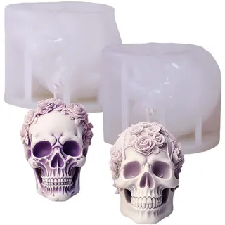 Halloween-Dekorationen|Halloween-Silikonformen, 2 Stück, 3D-Blumenschädel-Kerzenform mit klarer Textur, leicht zu reinigen und zu entformen, auffällige Totenkopf-Dekoration für Zuhause, Geschäft, Spu