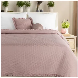 Design91 Tagesdecke BELLA RÜSCHE, Bettüberwurf mit Rüschen, elegante Tagesdecke, weiche Struktur rosa 200 cm x 220 cm