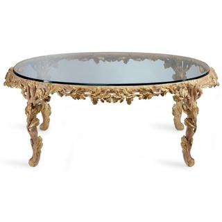 Casa Padrino Luxus Barock Couchtisch mit Glasplatte Naturfarben / Braun - Ovaler Wohnzimmertisch im Barockstil - Barock Möbel - Barock Interior - Edel & Prunkvoll - Luxus Qualität - Made in Italy