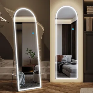 LVSOMT Bogen Ganzkörperspiegel mit Beleuchtung, 153x50cm LED Gewölbter Standspiegel, Moderne Wandspiegel Groß, Stehspiegel ohne Rahmen Beleuchtet, Aufstellspiegel für Schlafzimmer Wohnzimmer, Schwarz