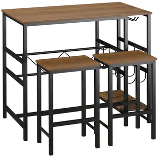 Homcom Bartisch-Set, mit 2 Barhockern, 3-teiliges Tischset Küchentresen mit Flaschenhalterung Spanplatte, Stahl, Natur+Schwarz, 108 x 60x 95H cm, eckig -
