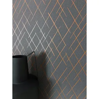 Newroom Vliestapete Saira Anthrazit Tapete Mustertapete Linien,Striche,Leicht glänzend, Anthrazit Tapete Modern Linien - Retro Grafik-Tapete Kupfer Orange Grafisch Geometrisch Striche Leicht glänzend für Wohnzimmer Schlafzimmer Küche, Retro schwarz
