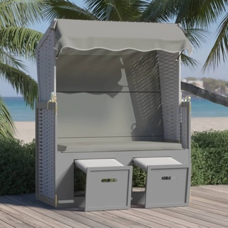 Möbel Strandkorb mit Dach Poly Rattan und Massivholz Grau DE45762