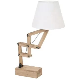 Tischlampe Holzleuchte Weiß Beistelllampe Landhaus Nachttischleuchte Rustikal, Bewegliche Gelenke Leselampe Textilschirm, 1x E27 Fassung, Dxh 25x83 Cm