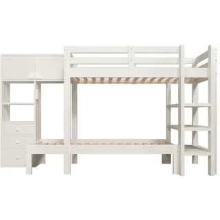MODFU Etagenbett Holz/MDF Weiß 90x200 cm mit LED-Nachtlicht, Schrank, Regal und Schubladen