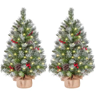 Yaheetech 2PCS 92cm Mini Künstlicher Weihnachtsbaum mit Schnee inkl. 50 LED | Kleiner Tischbaum Tannenbaum Christbaum mit Warmweiß Beleuchtung & 70 Roten Beeren & 10 Tannenzapfen für Weihnachtsdeko, Grün