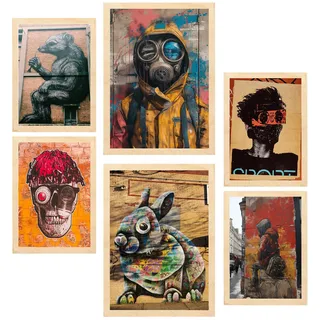 POSTER Set Mit 6 Graffiti Straßenkunst Im Banksy In Brauntönen A3 & A4 Rahmen Aus Hellem Holz