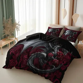 Gothic Fantasy Bettwäsche Set 155 x 220 cm Bettbezug mit 2 Kissenbezügen | Atmungsaktive Wende Mystischer Wilder Drache Bettbezug für Kinder & Teenager, Schwarz-Rot Deckenbezug mit Reißverschluss