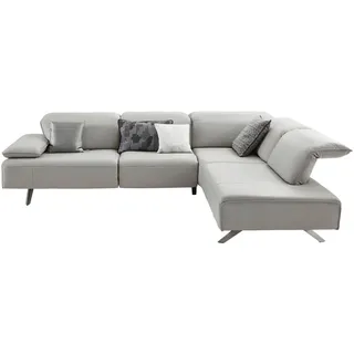 Johann Jakob Ecksofa Biella, Hellgrau, Metall, Echtleder, Rindleder, 4-Sitzer, Ottomane rechts, L-Form, 295x231 cm, Blauer Engel, Goldenes M, Emas, Typenauswahl, Fußauswahl, Lederauswahl, Hocker erhältlich, Rücken echt, in den Filialen seitenverkehrt erhältlich, Wohnzimmer, Sofas & Couches, Wohnlandschaften, Ecksofas