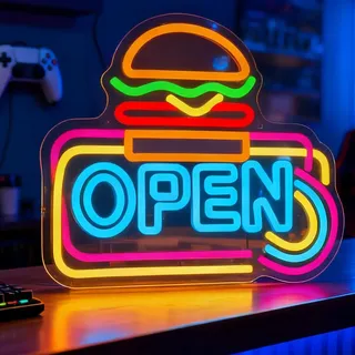 OPEN Neon Schild Hamburger Led Schild, Dimmbares Burger LED Neonlicht, Burger leuchtet Signs, Hamburger Neonlichter Geschäftsschilder, für Hamburger Laden Restaurant Heimbar Kinderzimmer Dekor