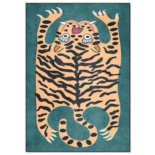 Tiger Teppich für Schlafzimmer Vintage Boho 61 x 91 cm kleiner Flächenteppich waschbar ausgefallener Teppich für Kinderzimmer rutschfest abstrakt Cartoon niedlich Badezimmer Türmatten Grün