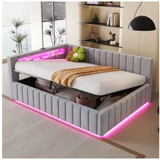 STILVORA Schlafsofa mit bettkasten,Polsterbett 140x200 mit Stauraum,Tagesbett mit LED&USB, Kinderbett mit Rückenlehne & Kopfteil, Ohne Matratze grau