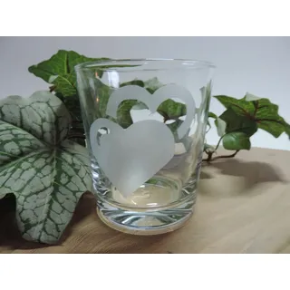 Teelicht Glas Windlicht graviert mit Herzen Handmade Unikat Muttertag