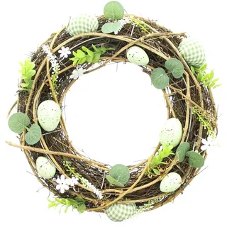 Dekoleidenschaft Osterkranz "Frühlingsgrün" Ø 34 cm, Dekokranz mit Ostereiern, Blumen & Blättern, Reisigkranz Tischkranz Wandkranz Türkranz Naturkranz Frühlingskranz braun