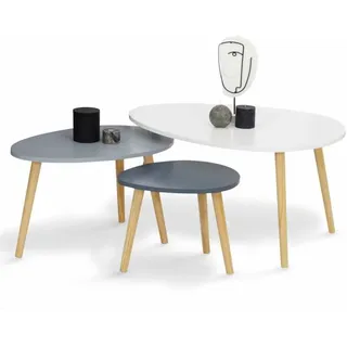 Idmarket - Set Aus 3 Ausziehbaren Couchtischen Gaia, Weiß Lackiert, Skandinavisch Grau