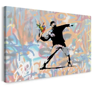 Printistico Leinwandbild Banksy Mann wirft Blumen Activism - Modern Street-Art - Moderner Kunstdruck Klein bis Groß XXL - Geschenk Wohnzimmer, Schlafzimmer